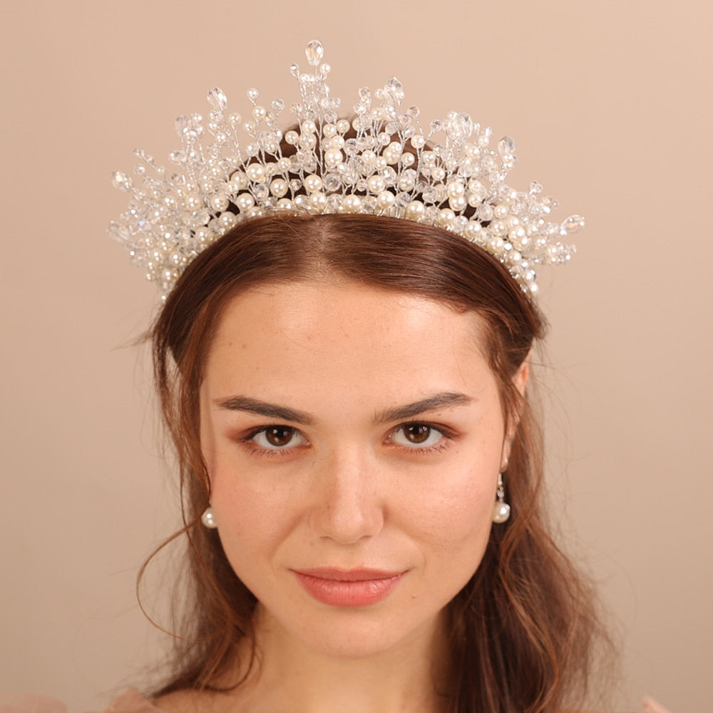 Flytonn Luxury Pearl Crystal Bridal Crown Fashion Wedding Hair Accessories for Women Tiaras Handmade Party Prom Hair Jewelry Headpiece