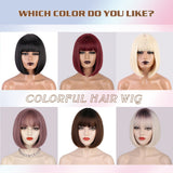 Flytonn Synthetic Short Brown Bob Wig With Bangs Natural Straight Black Red Pink Orange Wig For Women Party Cospaly Hair