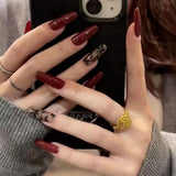 Flytonn Long Coffin Ballet Fake Nail Wedding Vintage Wine Red Bride False Nails Press On With Ink Pattern Design Wearable Full Nail Tips