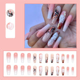 Flytonn Fashion Blooming Long Ballerina Nail Tips French Coffin Fake Nails Set Press On Pink Gradient False Nails With Designs Manicure