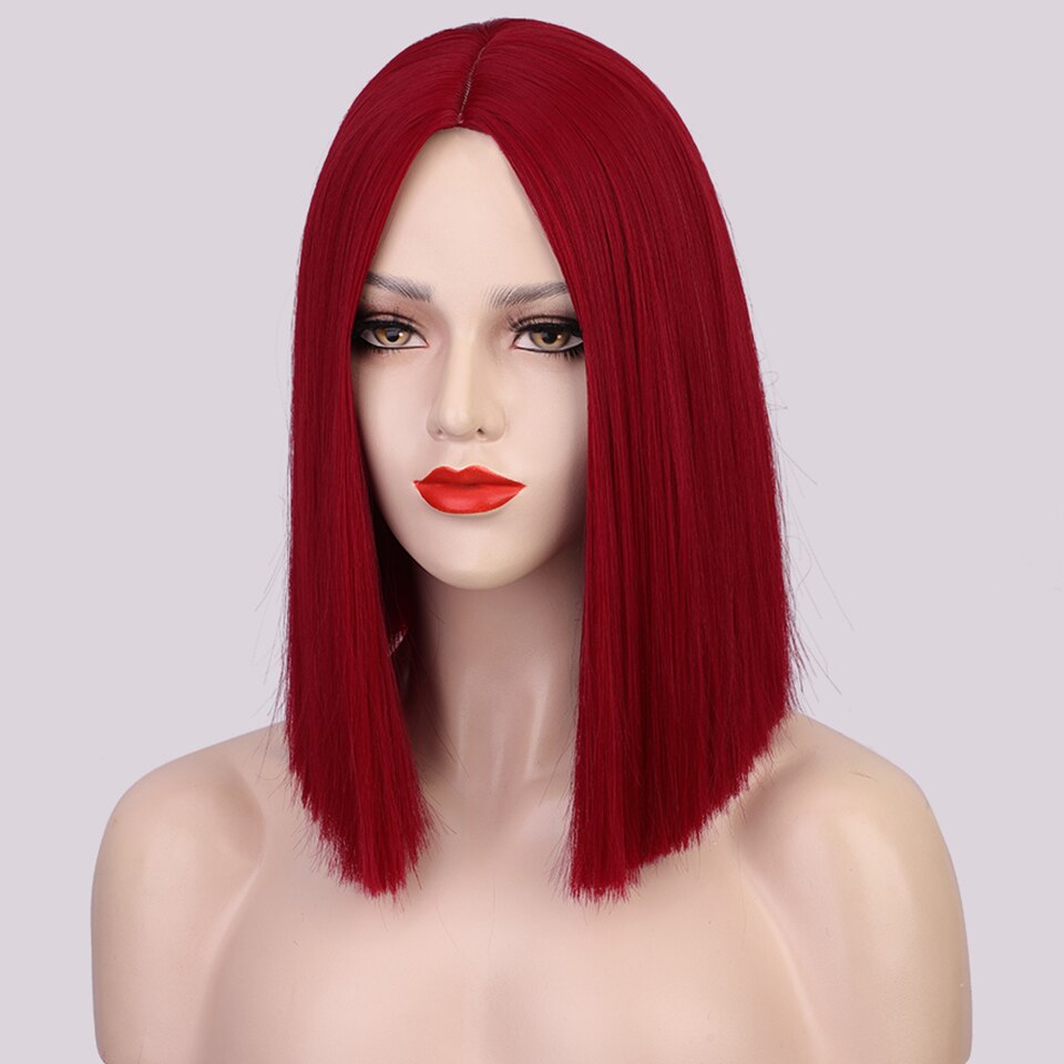 Flytonn Short Synthetic Straight Red Bob Wig Middle Part Wigs For Women Black Pink Highlight Natural Hair For Daily Cosplay
