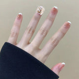Flytonn White French Tips Artificial Nails With Large Bowknot Decoration Acrylic Nail Kits Rhinestones Fake Nails Press On Square Head