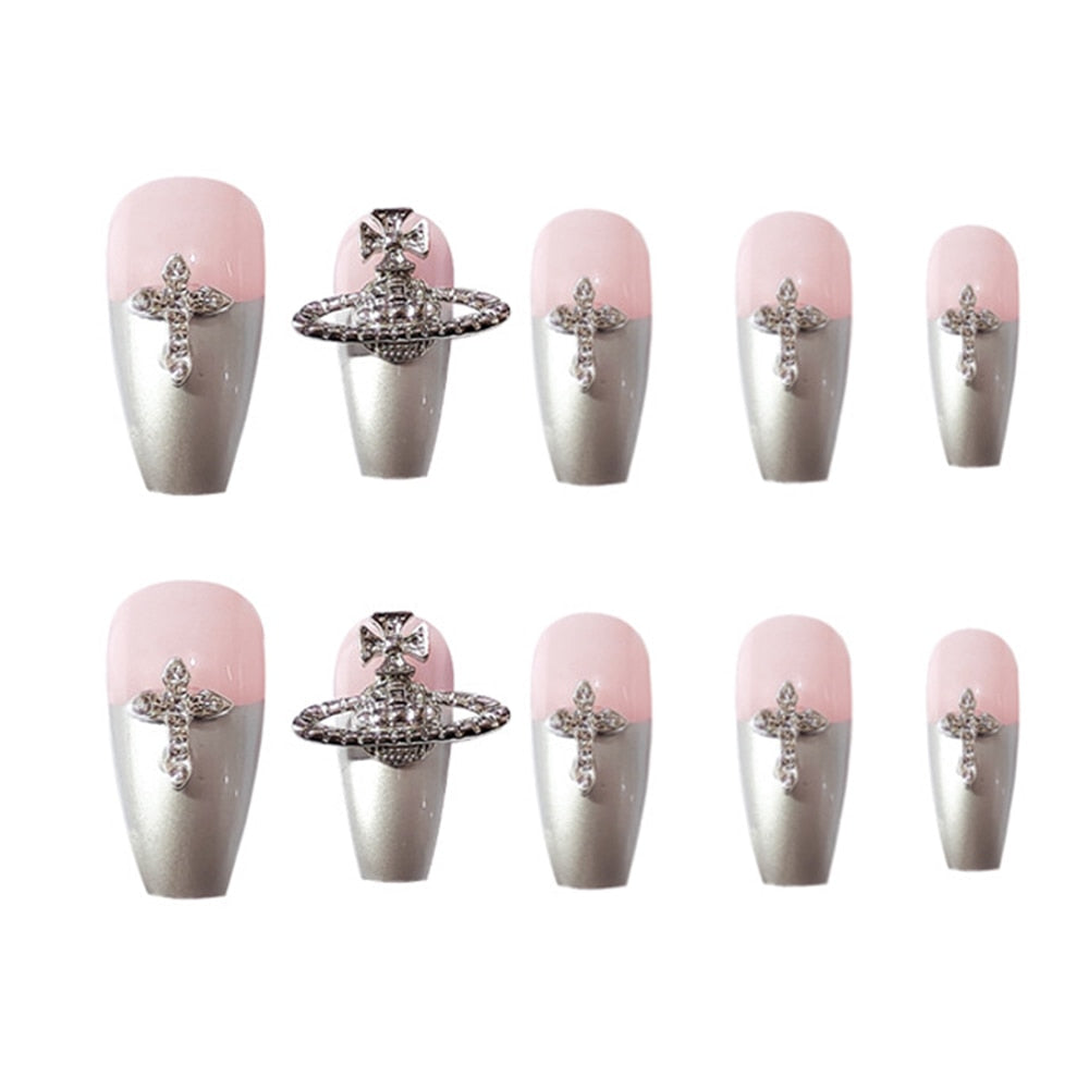 Flytonn Fall/Winter Ambiance  24pcs French Style False Nails With Glue Temperament 3D Saturn Designs Diamond Fake Nails Full Cover Press On Long Coffin Nails