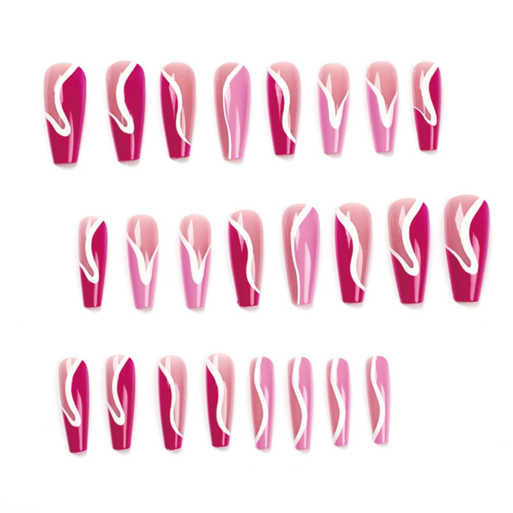 Flytonn  New French Coffin Fake Nails With Designs Fashion Rose Red False Nails Press On Nails Long Ballerina Removable Nail Patches