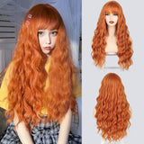 Flytonn Water Wave Synthetic Wigs Red Long Wigs With Bangs For Women Cosplay Middle Part Brown Black Purple Orange Lolita Wig