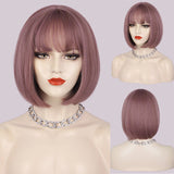 Flytonn Synthetic Short Brown Bob Wig With Bangs Natural Straight Black Red Pink Orange Wig For Women Party Cospaly Hair