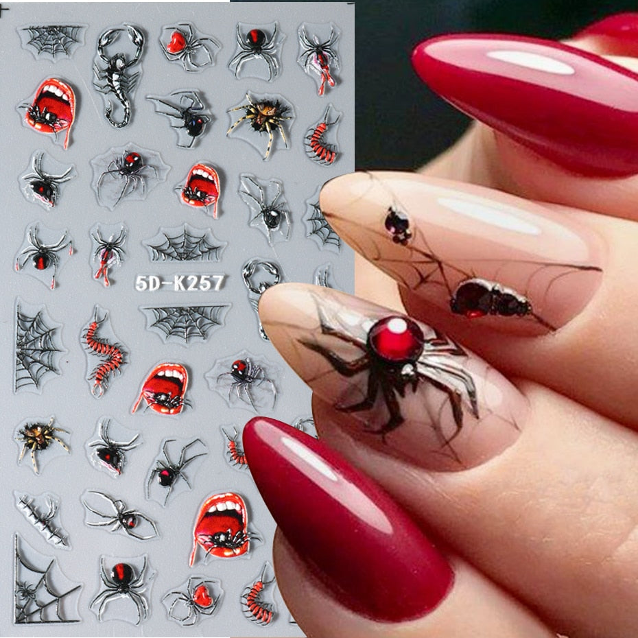 ytonn Halloween Design Nail Art Sticker Black Spider Centipede Spider Web Self Adhesive Slider Red Eyes Decal Manicure Decoration