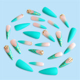 Flytonn Green Long Stiletto False Nails With Designs Fashion Matte Fake Nails Press On Nails 2022 New French Almond Manicure Tips