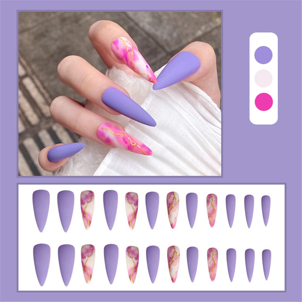 Flytonn  Fashion Purple Matte False Nails With Designs French Stiletto Manicure Tips 2022 New Long Almond Fake Nails Press On Nails