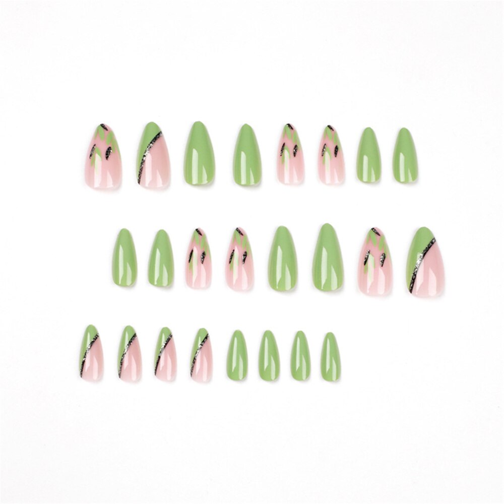 Flytonn  24Pcs Almond Fake Nails Set Press On Nails DIY Manicure Summer Green French False Nail Tips With Designs Full Cover French Tip