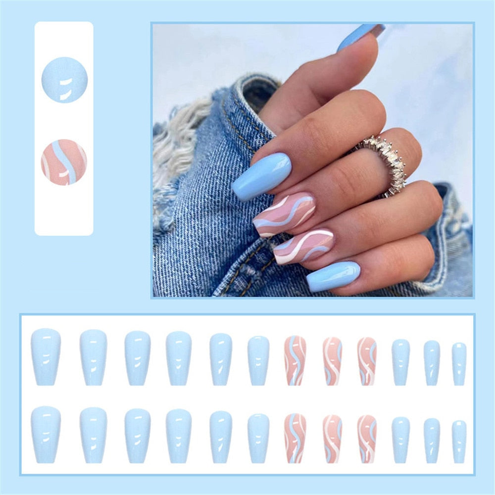 Flytonn Fashion Pink Blue Blooming French Tips Coffin Fake Nail Tips With Designs Ballerina False Nails Set Press On Nails DIY Manicure