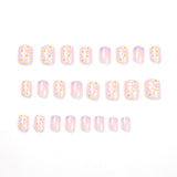 Flytonn  French Square Head Fake Nails Press On Nails With Designs Wearable Flower False Nails Full Cover Nude Pink Manicure Patches