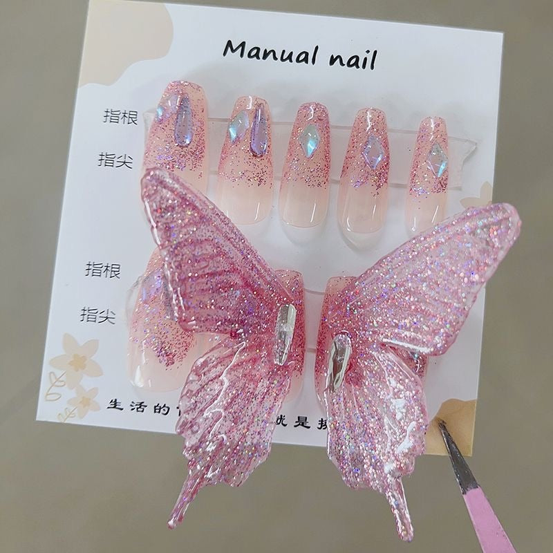 Flytonn Glitter Rhinestone Butterfly Fake Nail With Glue Bling Press On Nails Y2K Reusable Coffin False Nails Tips Gift