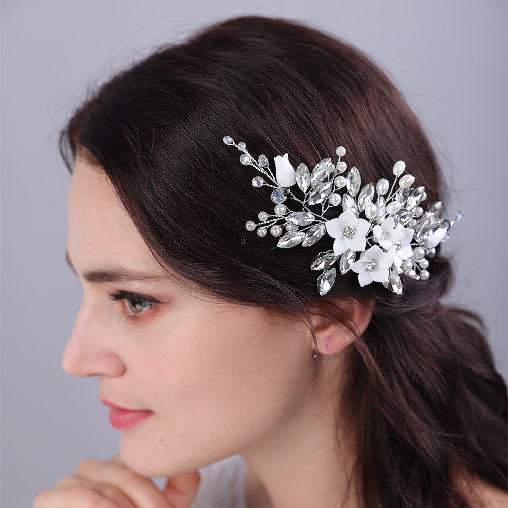 Flytonn  Silver Color Rhinestone Flower Wedding Hair Accessories Pearl Crystal Handmade Bride Bridal Headband Headpiece Prom Head Jewelry