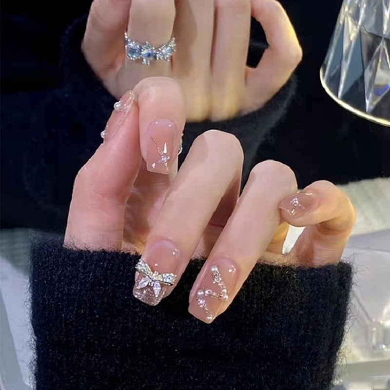 Flytonn 24Pcs Korean Fake Nails Set Press On Short French Glitter Shiny Butterfly Detachable Rhinestones False Nail Full Cover Nail Tips