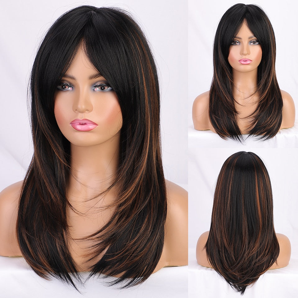 Flytonn  I's A Wig Long Layered Synthetic Wigs For Women Blonde Wigs With Side Bangs Black Brown Ombre Blonde Hair Wigs For Daily Cosplay