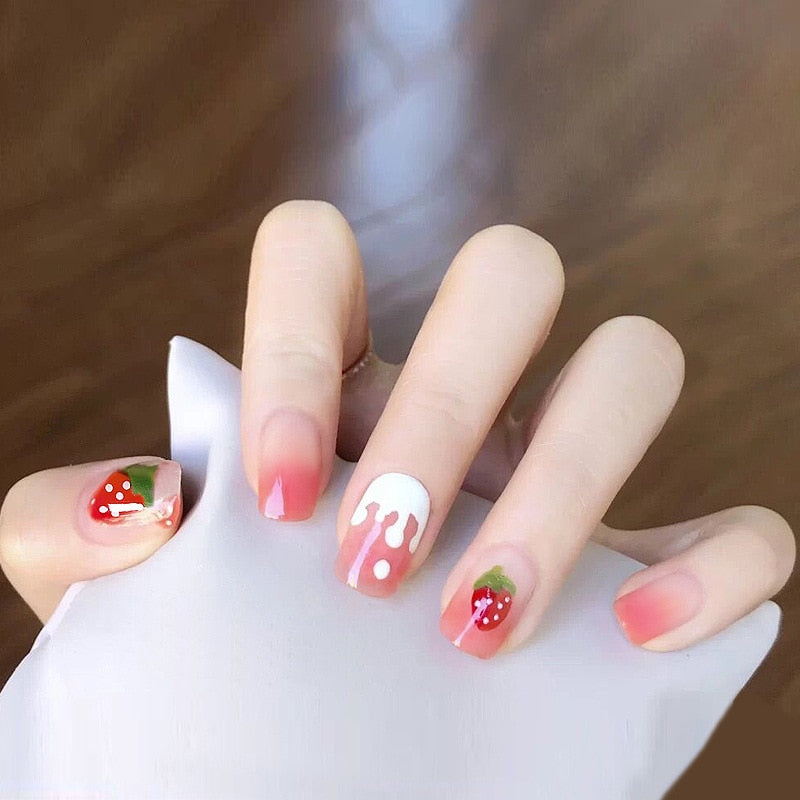 Flytonn 24pcs Fake Nail With Glue Strawberry Cute Short Square Head False Nails Press On Nails Designs Finished Nails Patches For Girls