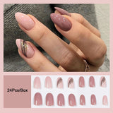 Flytonn Fashion Lotus Pink Almond False Nails With Designs French Short Fake Nail Patches Press On Nails Wearable Finished Manicure