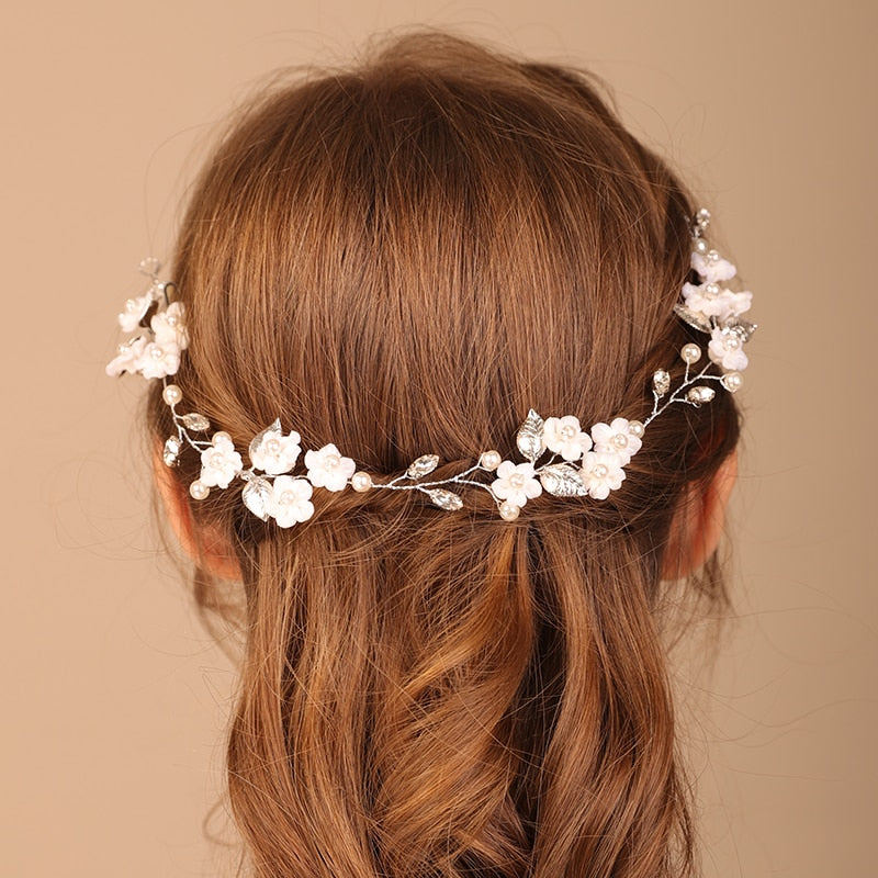 Flytonn Bridal Headwear Wedding Hair Accessories Pearl Flower Headband Wedding Hair Jewelry Prom Hair Vine Champagne Gold Flower Tiara