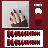 Flytonn 24pcs/set Gorgeous Wine Red False Nails With Glue Middle Long Round Head Press On Nail Tips Finished Fake Nail Artificial Nails