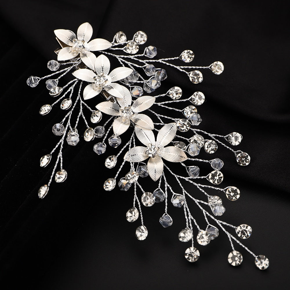 Flytonn Silver Wedding Hair Clip Handmade Gold Rhinestone Bridal Head Accessories for Women Crystal Accessories Bride Headwear Headpiece