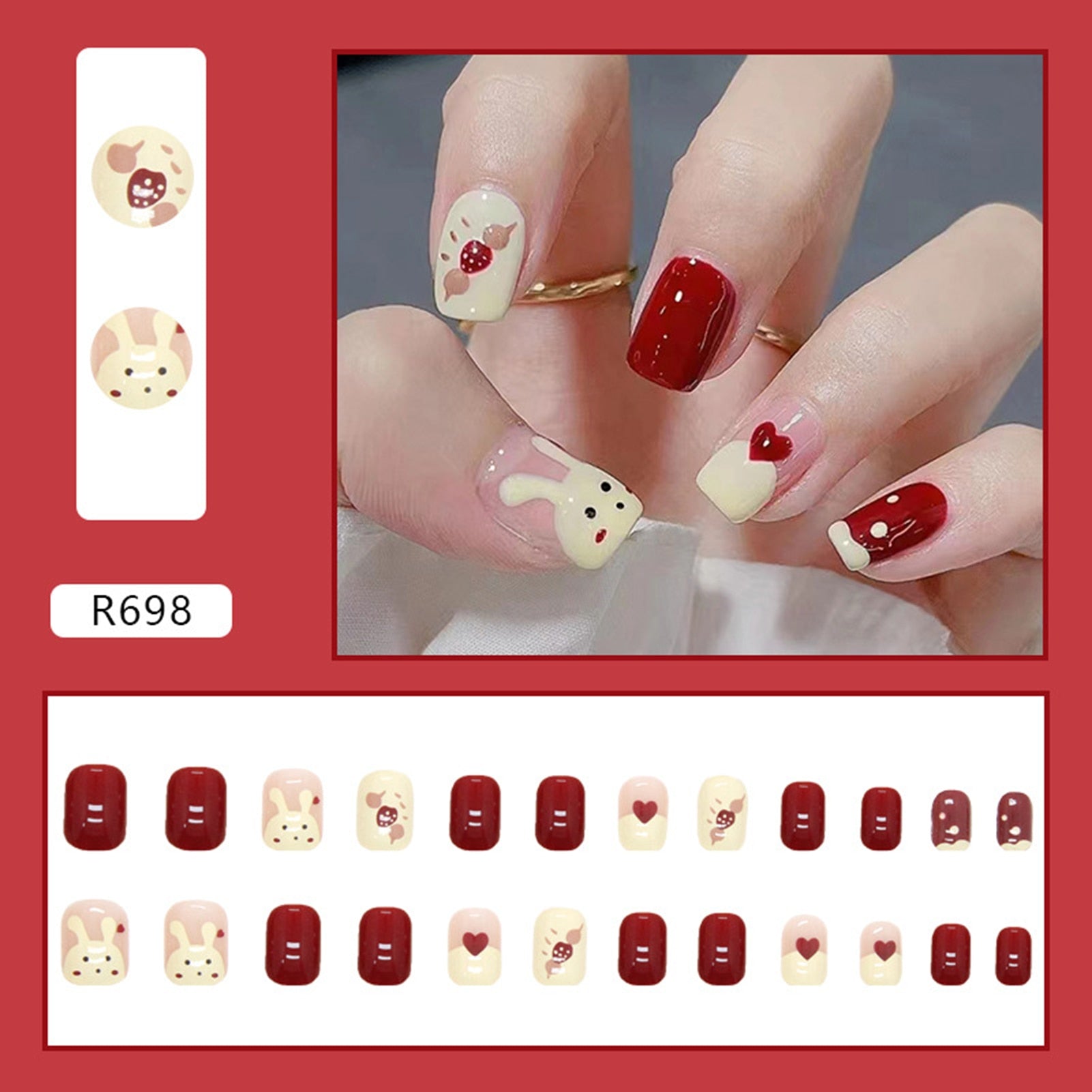 Flytonn 24pcs Long Almond Shape Rococo Style Fake y2k Nails With Cute Rabbit Designs Wearable False Nails Press On Manicure Nail Tips
