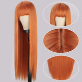 Flytonn Long Straight Synthetic Wigs With Bangs Copper Ginger Orange Cosplay Wigs For Women Blonde Black Pink Daily Use Hairs