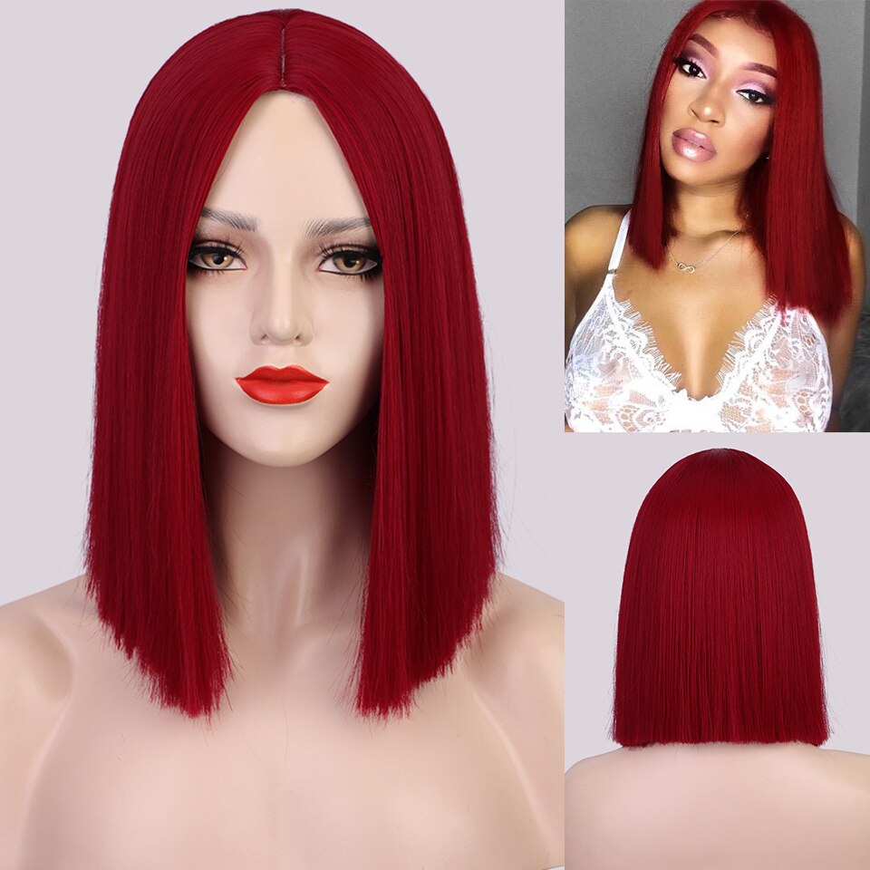 Flytonn Short Synthetic Straight Red Bob Wig Middle Part Wigs For Women Black Pink Highlight Natural Hair For Daily Cosplay