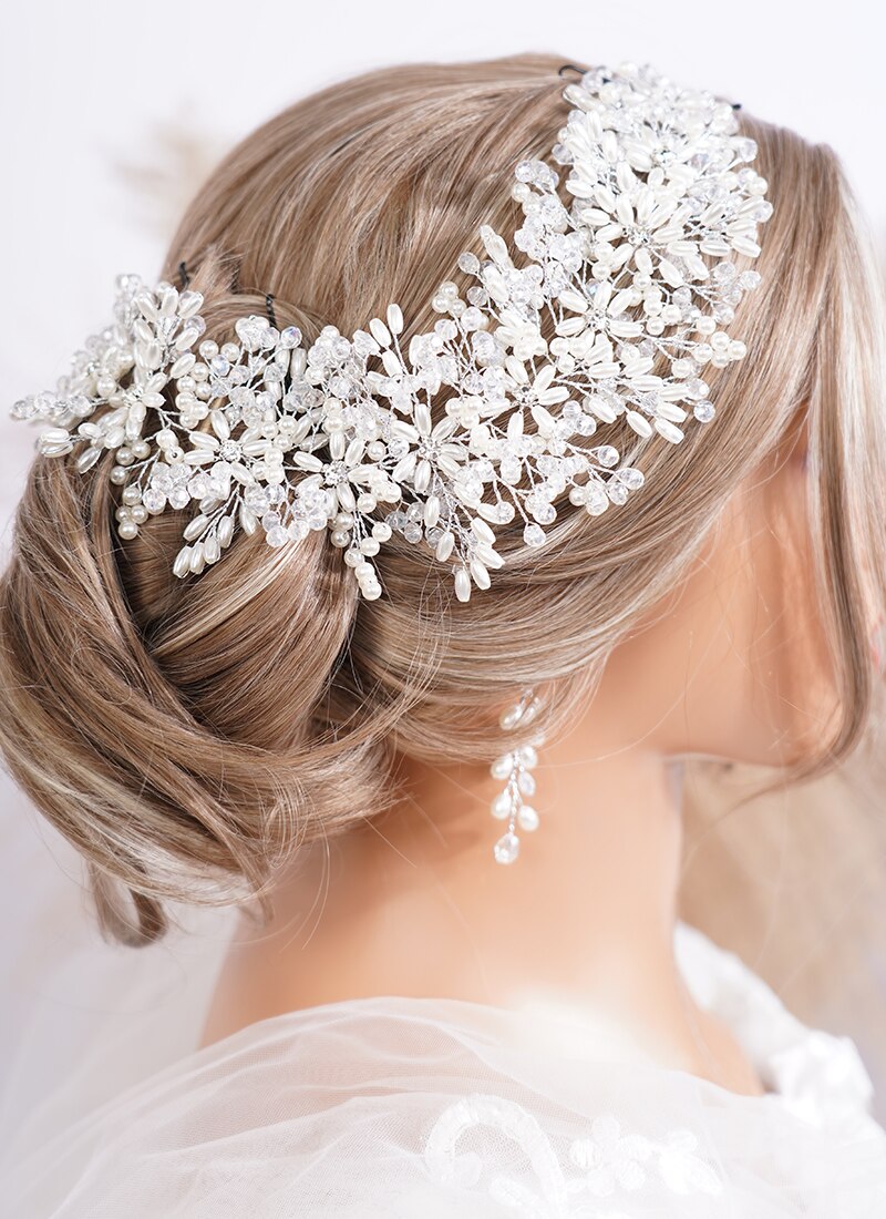 Flytonn Trendy Pearl Crystal Rhinestone Flower Bridal Headband Wedding Hair Accessories for Women Headdress Party Prom Headpiece Tiaras