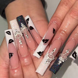 Flytonn Fall/Winter Ambiance  24pcs French Style False Nails With Glue Temperament 3D Saturn Designs Diamond Fake Nails Full Cover Press On Long Coffin Nails