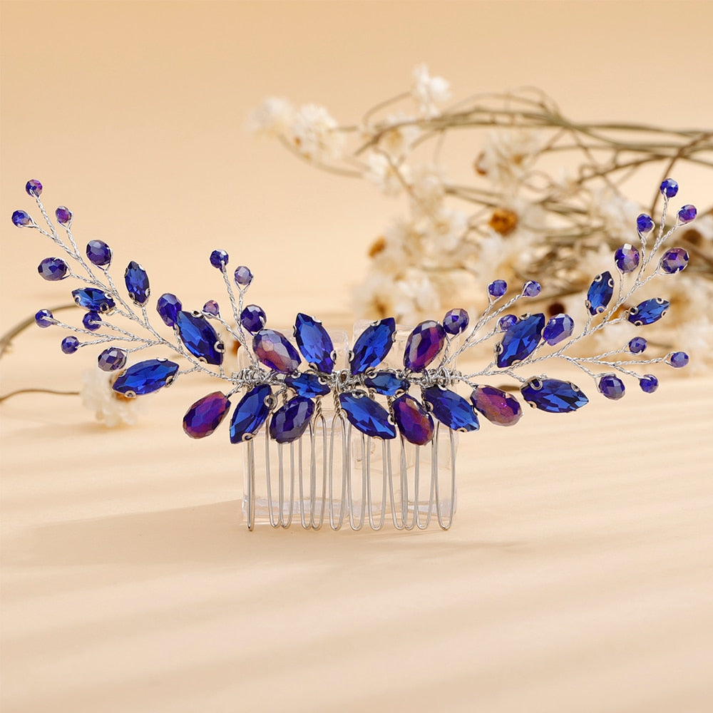 Flytonn  9Color Red Rhinestone Bridal Hair Comb Handamde Black Crystal Headpiece for Wedding Head Accessories Silver Blue Bride Tiaras