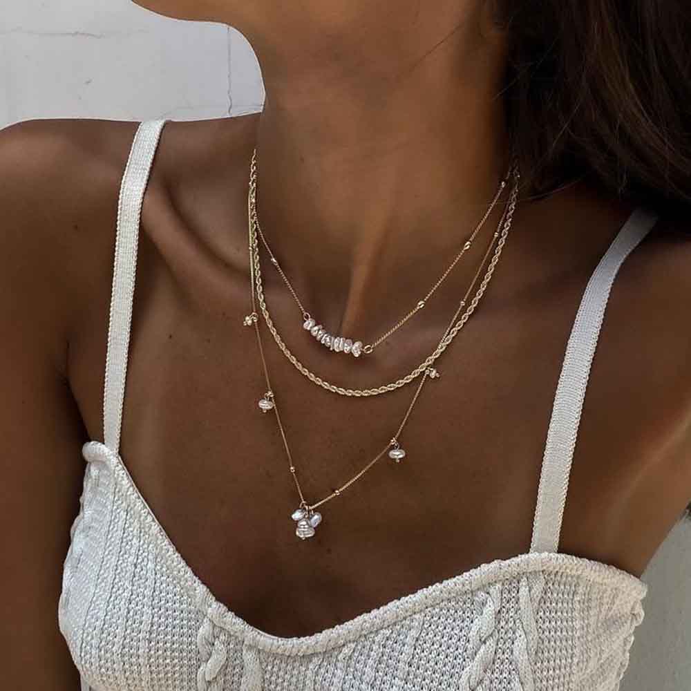 Flytonn Pearl Elegant Vintage Multilayer Snake Chain Chokers Necklaces for Women Gold Color Bead Necklace Fashion Wedding Jewelry Gift