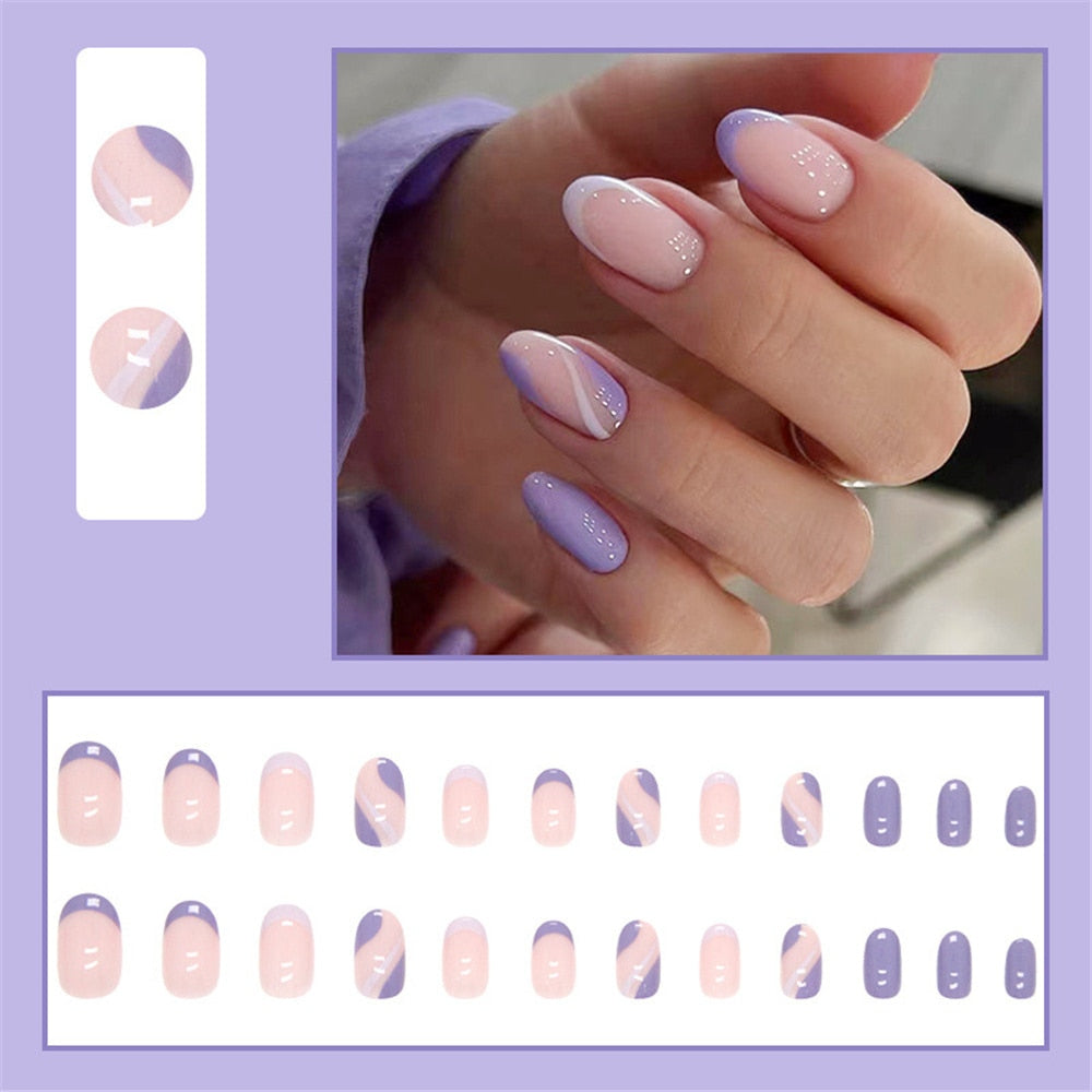 Flytonn  Cute Short Oval Fake Nails With Designs French Round Head Nails Set Press On Nails Full Cover False Nail Tips Purple Manicure