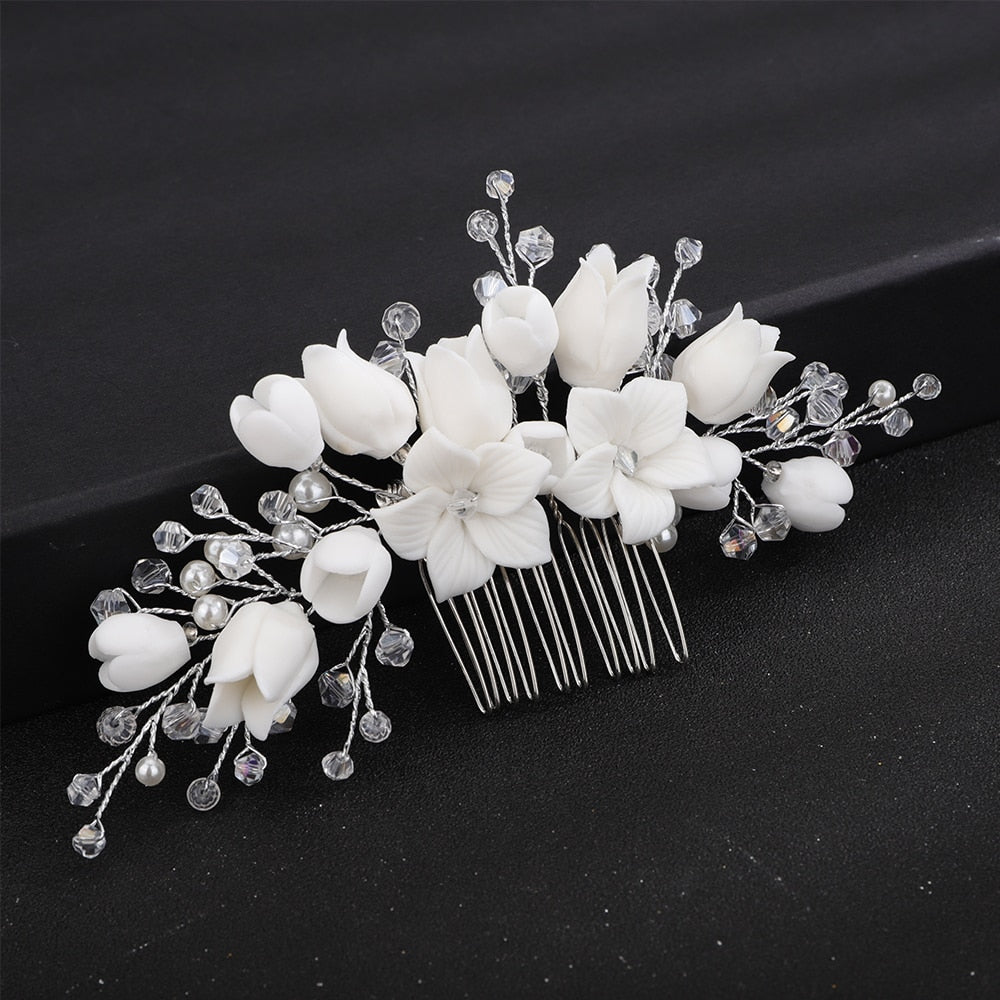 Flytonn  Luxury Flower Bridal Hair Comb Silver Pearl Crystal Handmade Headpiece for Wedding Head Accessories Gold Women Headpiece Tiaras