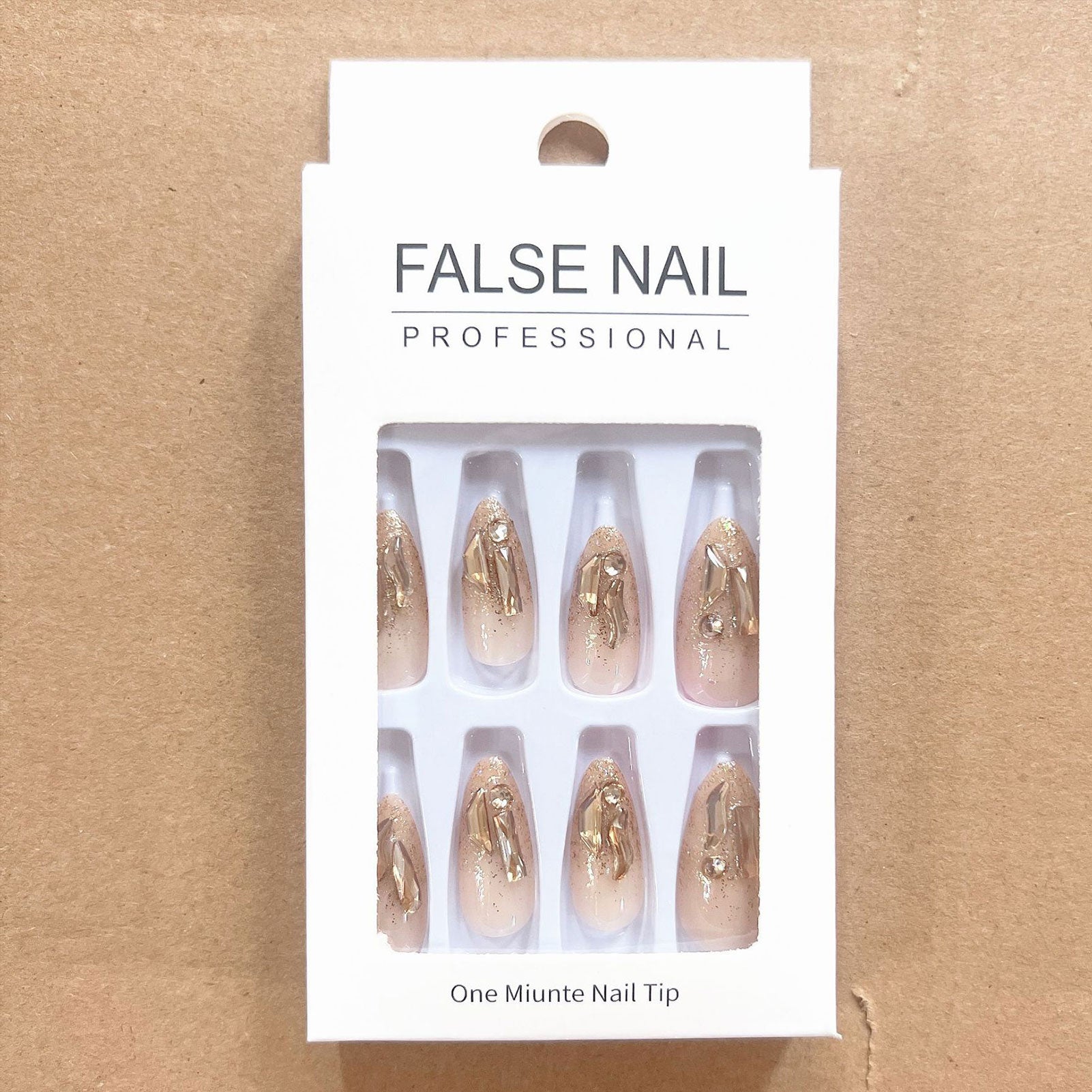 Flytonn 24pcs Sparkling Diamond False Nails With Champagne Golden Designs Press On Long Almond Round Fake Nails Full Cover Nail Tips