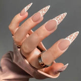 Flytonn Matte Press On Long Stiletto Almond Shape False Nails Full Cover Nude Color Frosted Fake Nails With Cob-web Designs Nail Tips