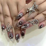 Flytonn Fall/Winter Ambiance  24pcs Fake Nails y2k Stiletto French Style False Nails Temperament 3D Cross Designs Diamond Full Cover Press On Long Almond Nail