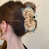 Flytonn  Gentle Camellia Mesh Hair Claw For Women  Headdress Solid Color Ponytail Hairpins  Fashion Hair Clip Hair Accessories