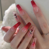 Flytonn Long Ballerina False Nails With Designs Gradient Blood Red Fake Nails Press On Nails French Coffin Rose Flower Nail Tips