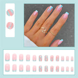 Flytonn  Square Head False Nails With Designs French Blue Fringe Nails Set Press On Summer Thin French Tips Detachable Fake Nail Tips