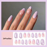 Flytonn  French Round Head Nails Set Press On Nails Manicure Fashion Coffee Short Oval Fake Nail Tips With Designs Full Cover False Nails