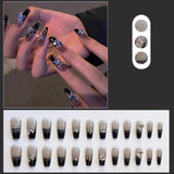 Flytonn Fall/Winter Ambiance  24pcs/box Rhinestones Fake Nails Press On Long Coffin Ballerina Nail Tips Wearable Dark Black Star French False Nails For Girls