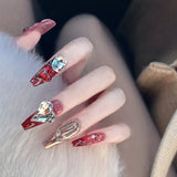 Flytonn Fall/Winter Ambiance  24pcs French Style False Nails With Glue Temperament 3D Saturn Designs Diamond Fake Nails Full Cover Press On Long Coffin Nails