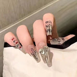 Flytonn Fall/Winter Ambiance  24pcs French Style False Nails With Glue Temperament 3D Saturn Designs Diamond Fake Nails Full Cover Press On Long Coffin Nails