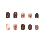 Flytonn 24pcs/set Fake Nails Short Square Deep Coffee Jump Color Press On False Nails With Charms Designs Full Cover Manicure Nail Tips