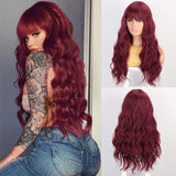 Flytonn Water Wave Synthetic Wigs Red Long Wigs With Bangs For Women Cosplay Middle Part Brown Black Purple Orange Lolita Wig