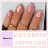 Flytonn  French Square Head Fake Nails Press On Nails With Designs Wearable Flower False Nails Full Cover Nude Pink Manicure Patches