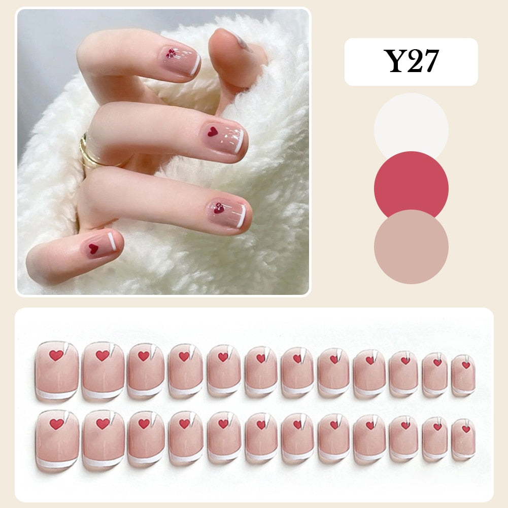 Flytonn Fall/Winter Ambiance  24PCS Fake Nail Press on Short square Nail French Gentle Peach Heart Love Design glue type sweet Style false nails free shipping