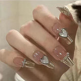 Flytonn 24pcs Pink Bow Heart Short Coffin Fake Nails Women Wearable Nail Art Stickers Press on Nail Tips Full Finished False Nail Women