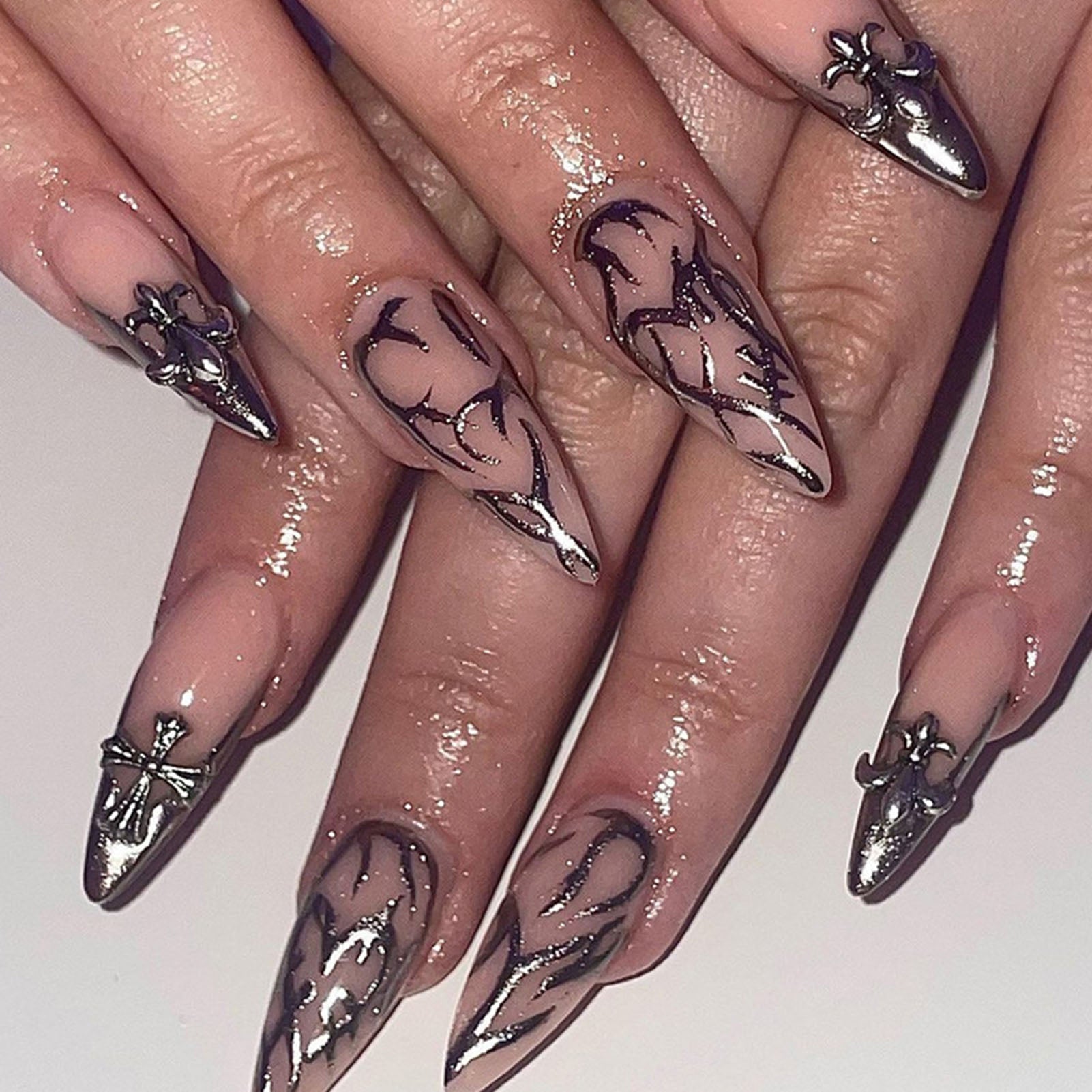 Flytonn Fall/Winter Ambiance  24pcs French Style False Nails With Glue Temperament 3D Saturn Designs Diamond Fake Nails Full Cover Press On Long Coffin Nails